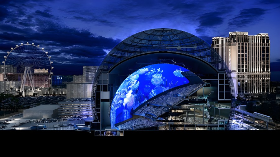 Night time photo of Sphere in Las Vegas