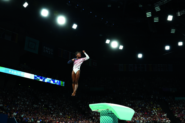 Simone Biles performing at Olympics, Paris 2024