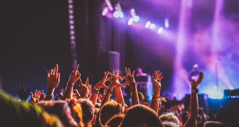 crowd partying stage lights live concert summer...