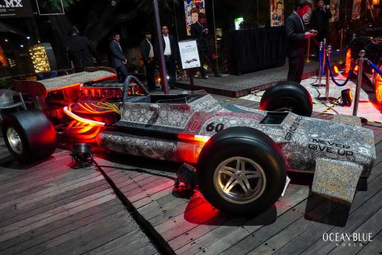The striking Formula 1 centerpiece lit up the night