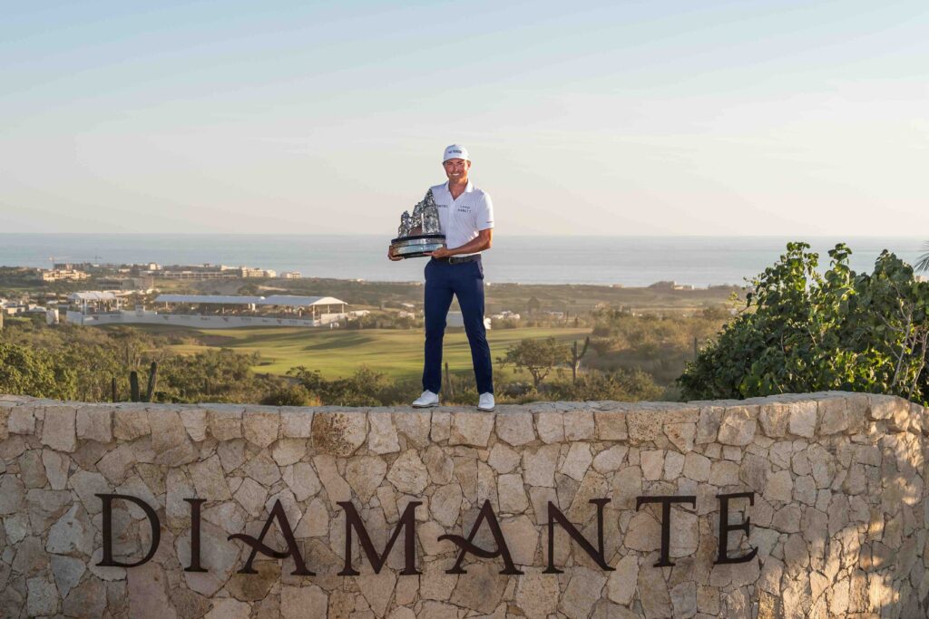 Champion Ben Griffin holds the trophy at Diamante Cabo San Lucas after capturing the 2025 World Wide Technology Championship title. 
