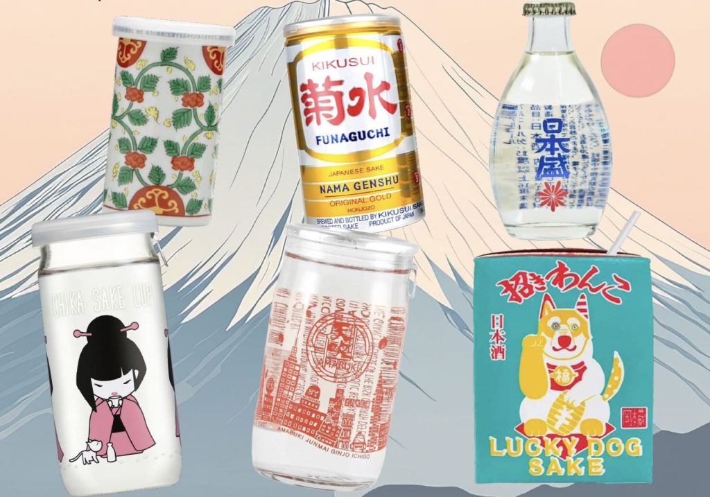 Nomanne, Kikusui Funaguchi Nama Genshu Honjozo, Nihon Sakari Josen Sake, Hakutsuru Chika Sake Cup, Amabuki Ichigo Saké, Junmai Ginjo, Maneki Wanko Lucky Dog Sake