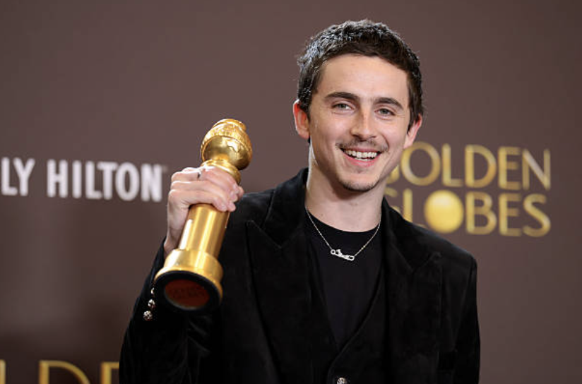 Timothée Chalamet, winner of the Best Performance by a Male Actor in a Motion Picture – Musical or Comedy award for "Marty Supreme," poses in the press room during the 83rd annual Golden Globe Awards
